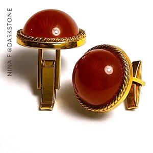 Vintage 1950s Gold-Tone Cufflinks w/ Domed Carnelian Glass Cabochons – Rope Edge